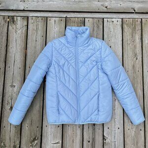 Baby Blue Puffer Jacket, Women’s Small, High Collar Fleece, Winter Coat